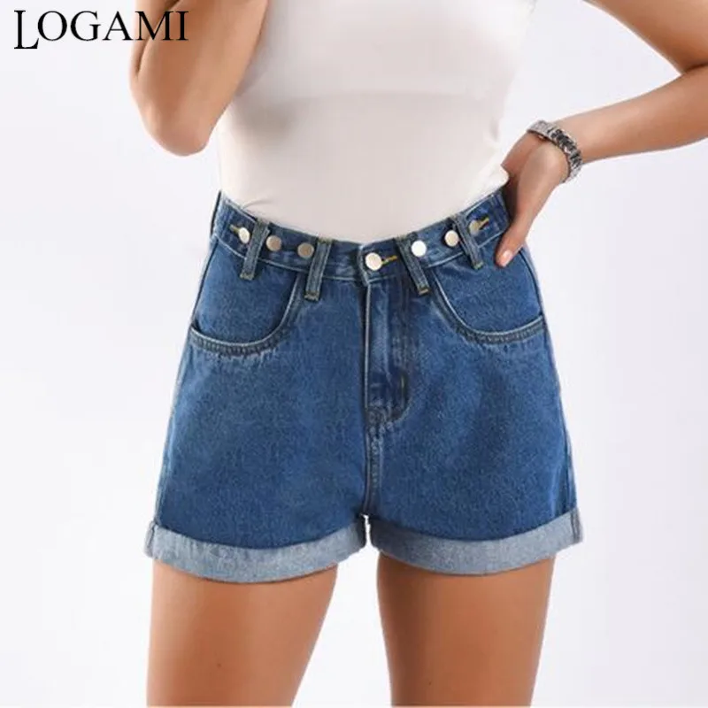 

LOGAMI High Waist Button Denim Shorts Summer Women Straight Shorts Jeans