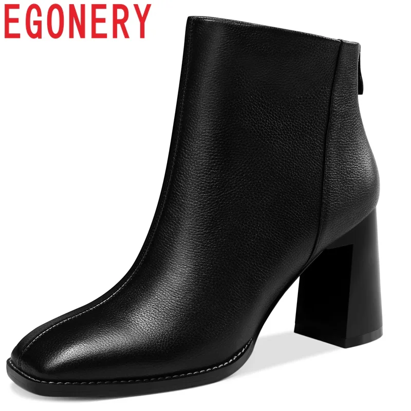 

EGONERY Handmade comfort cow leather women shoes autumn Winter plush zipper square toe large size black beige ankle boots