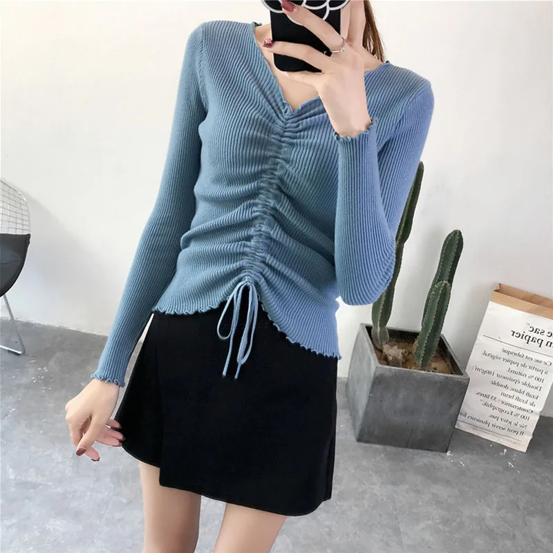 

LYJMTDBK 2018 autumn new women's pullover drawstring waist slim simple long-sleeved women's knit bottoming shirt V-neck shirt