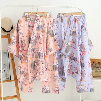 

Japanese Kimono Robe & Pants Women Pajamas Sets Cotton Gauze Spa Bath Yukata Japanese Store Work Costume Soft Sleepwear