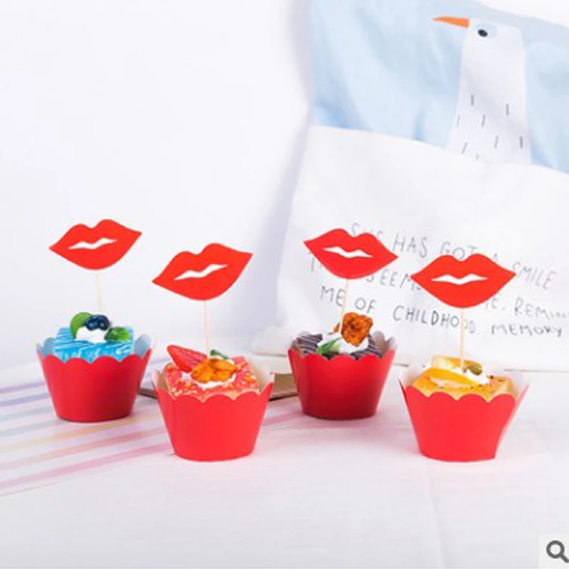 

Kids Favors Events Supplies Baby Shower Red Lips DIY Bake Cupcake Wrappers Happy Birthday Party Decorate Cake Toppers 24PCS/PACK