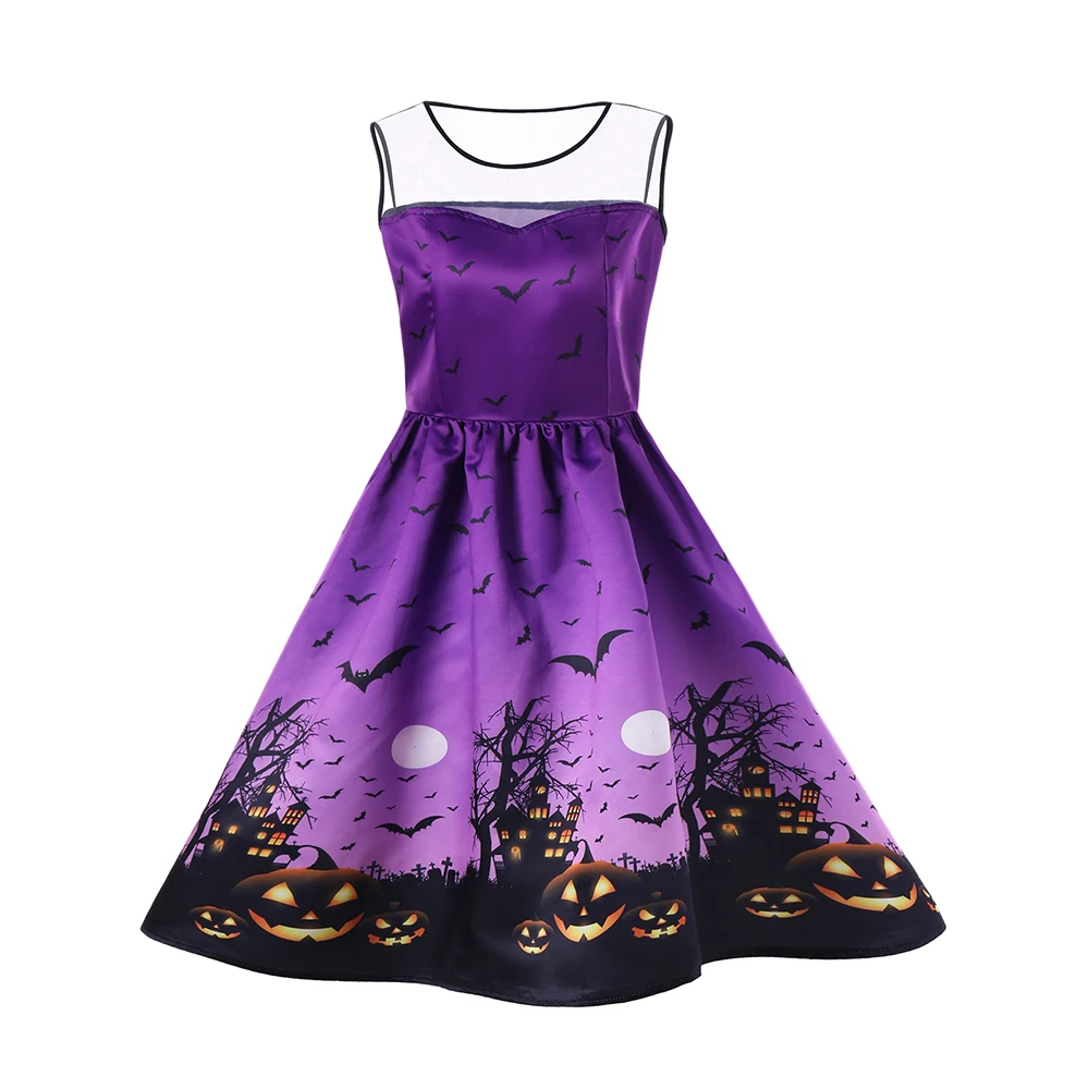 Wipalo Plus Size Bat Halloween Dress Women Bat Pumpkin Mesh Insert