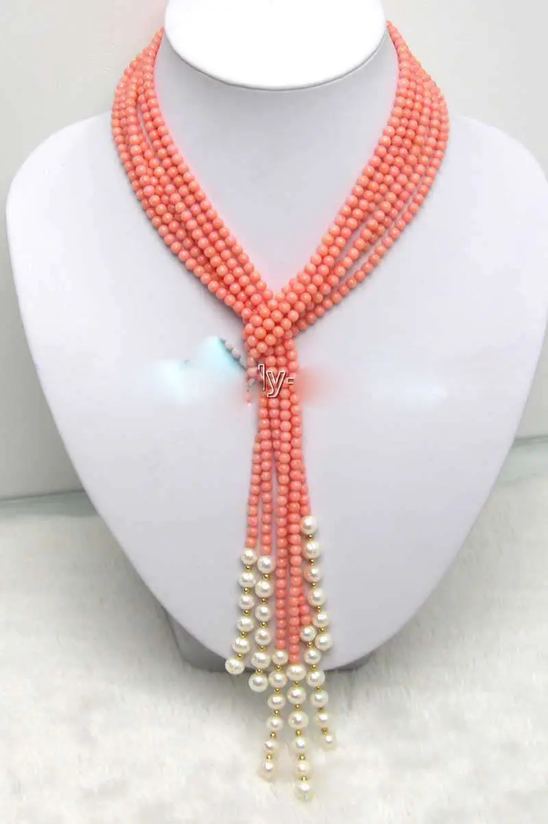 4mm White round natural Coral 3 strands Long 45" Necklace-nec 5.27