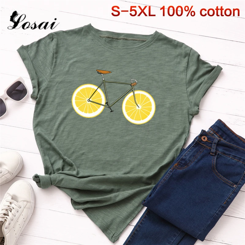 

Plus Size S-5XL New Bike Lemon Print T Shirt Women 100% Cotton O Neck Short Sleeve Summer T-Shirt Tops Casual Bicycle Tshirt