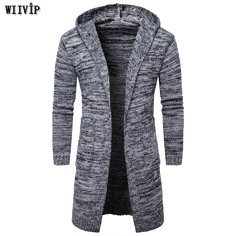 WIIVIP разработан Для мужчин свитер длинный кардиган для человека с капюшоном свитер уличная одежда пальто вязаный свитер Длинные CardigansYW038