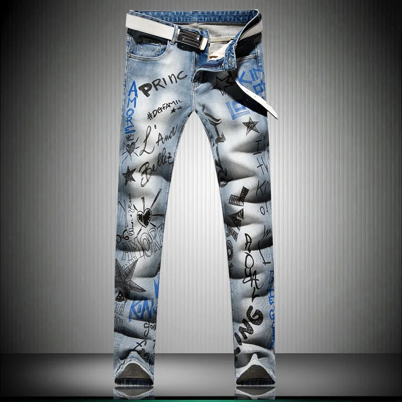 Горячая Распродажа новые дизайнерские мужские джинсы с модным принтом длинные брюки синие джинсы скинни повседневные упругие мужские джинсы брюки одежда
