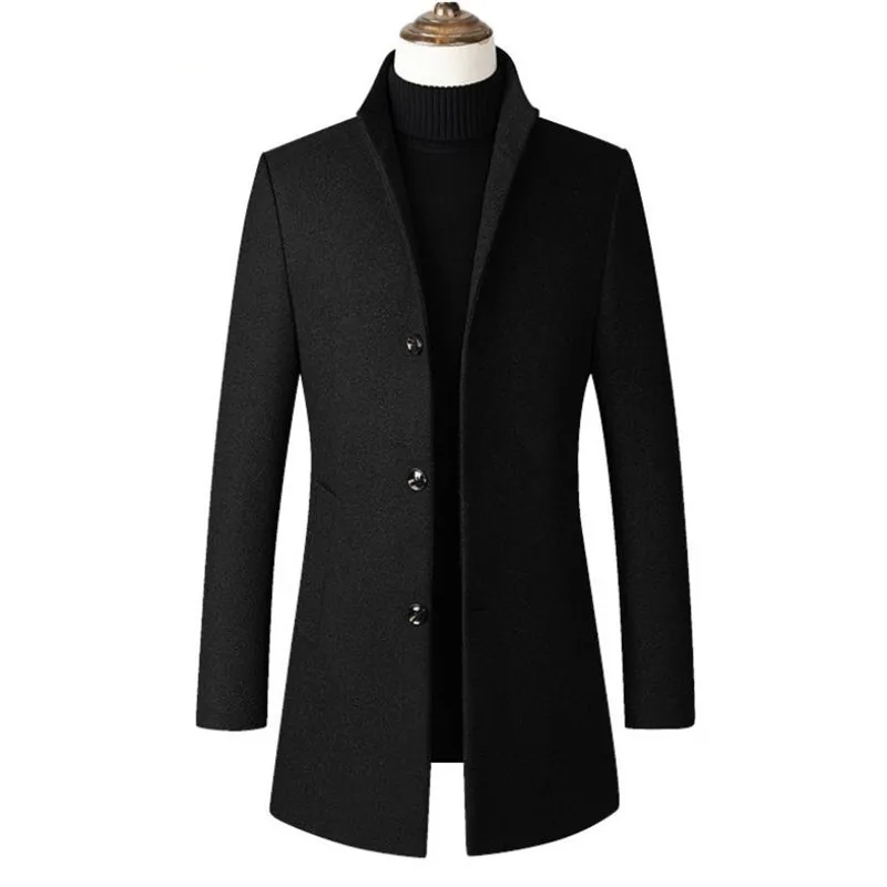 Новая мужская куртка деловая Повседневная однотонная шерстяная куртка стоячий воротник ветровка тонкая куртка Мужское пальто