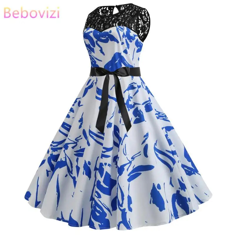 

Bebovizi Fashion Women 2019 New Summer Casual Party White Dress Elegant Plus Size Vintage Sexy Lace Flower Print Bandage Dress