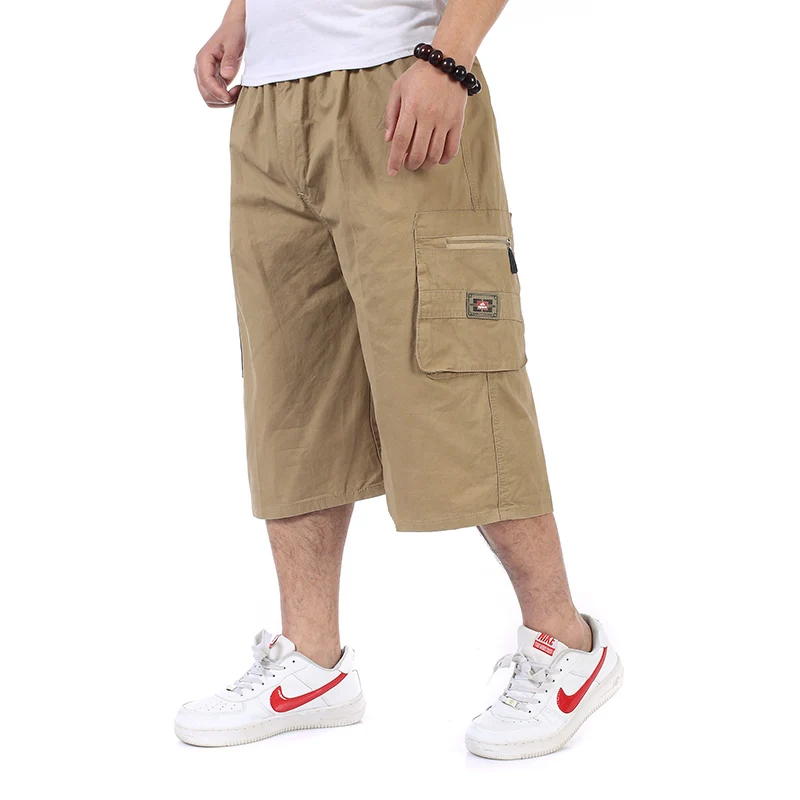 

Man Casual Short Summer Comfort Cotton Khaki Beige Dark Green Plain Color Loose Fitting Elastic Band Adjustable Waist Shorts Men