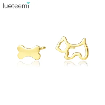 

LUOTEEMI Genuine Cute Bone & Dog Gold Small Stud Earrings for Women Simple Girl Daily Wear Yellow Gold Earrings Jewelry New