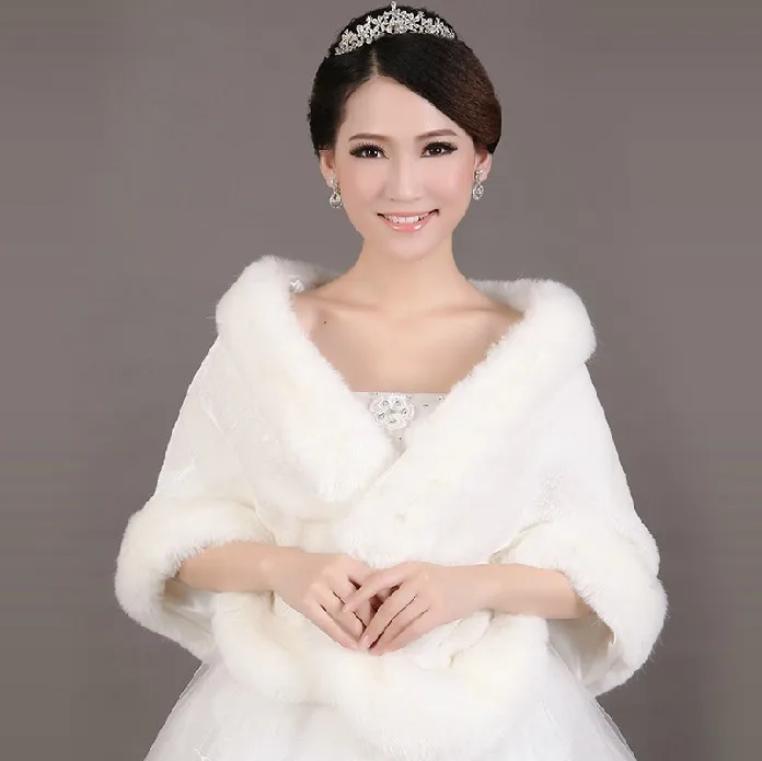 Ivory Faux Fur Winter Women Outdoor Wedding Bridal Wrap Jacket Coat