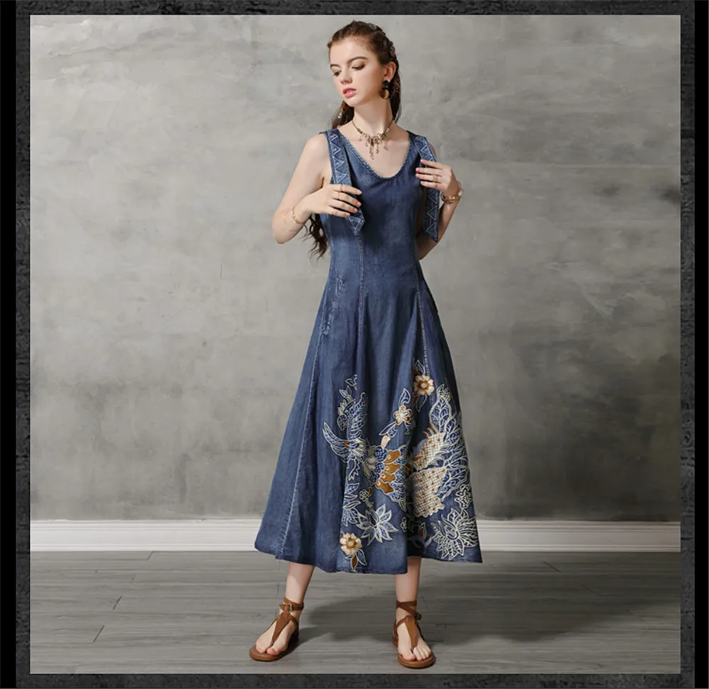 Vintage Summer Tank Dress 2019 Cotton Women Denim Dresses O-Neck Sleeveless Vintage Embroidery Swing Hem Sundress 82168  (12)