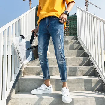

Free Shipping New 2019 Men's Denim Blue Hole Jeans Fashion Rolled hole pencil pants Plus Size Long Trousers