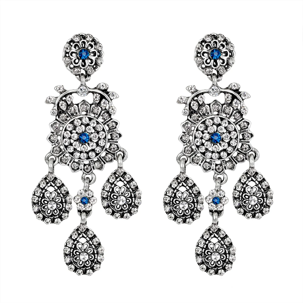 Retro Stud Earrings with Blue Rhinestone Alloy Drop Dangle Jewelry for Women | Украшения и аксессуары