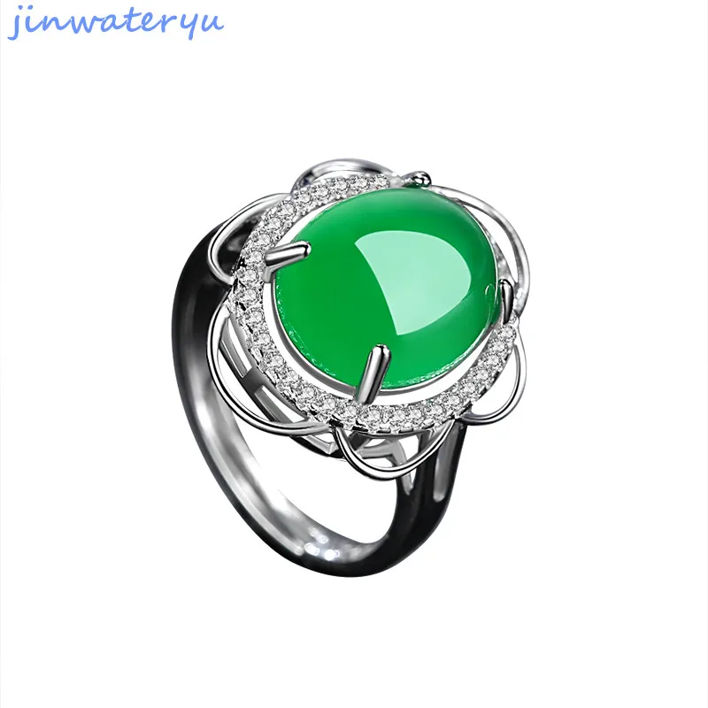 

HOT ring green Natural chalcedony fashion Jewelry 925 silver rings resizable size rings weddings rings cubic zircon
