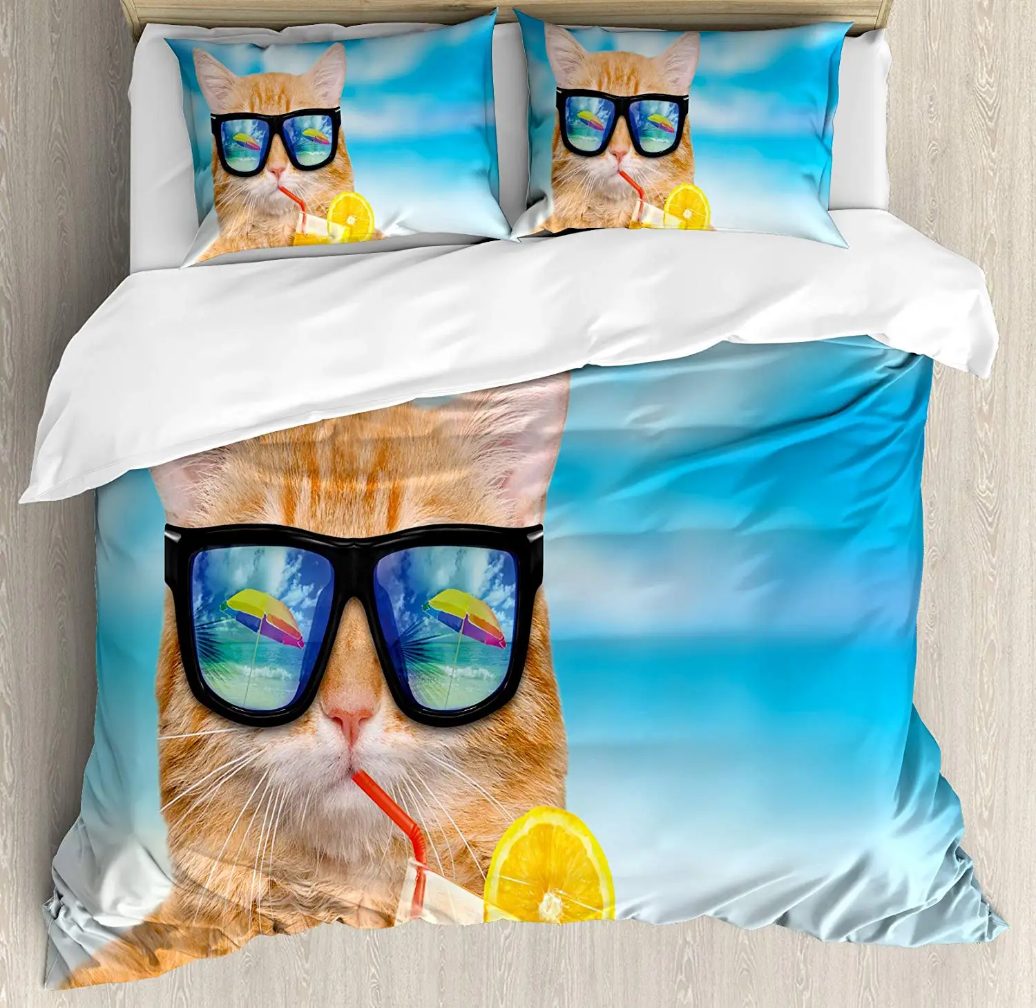 Funny Duvet Cover Set Queen Size Cat Wearing Sunglasses Relaxing