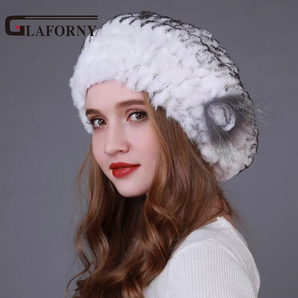 Glaforny зима 2019 настоящий мех кролика шапка берет меховая зимняя натуральная