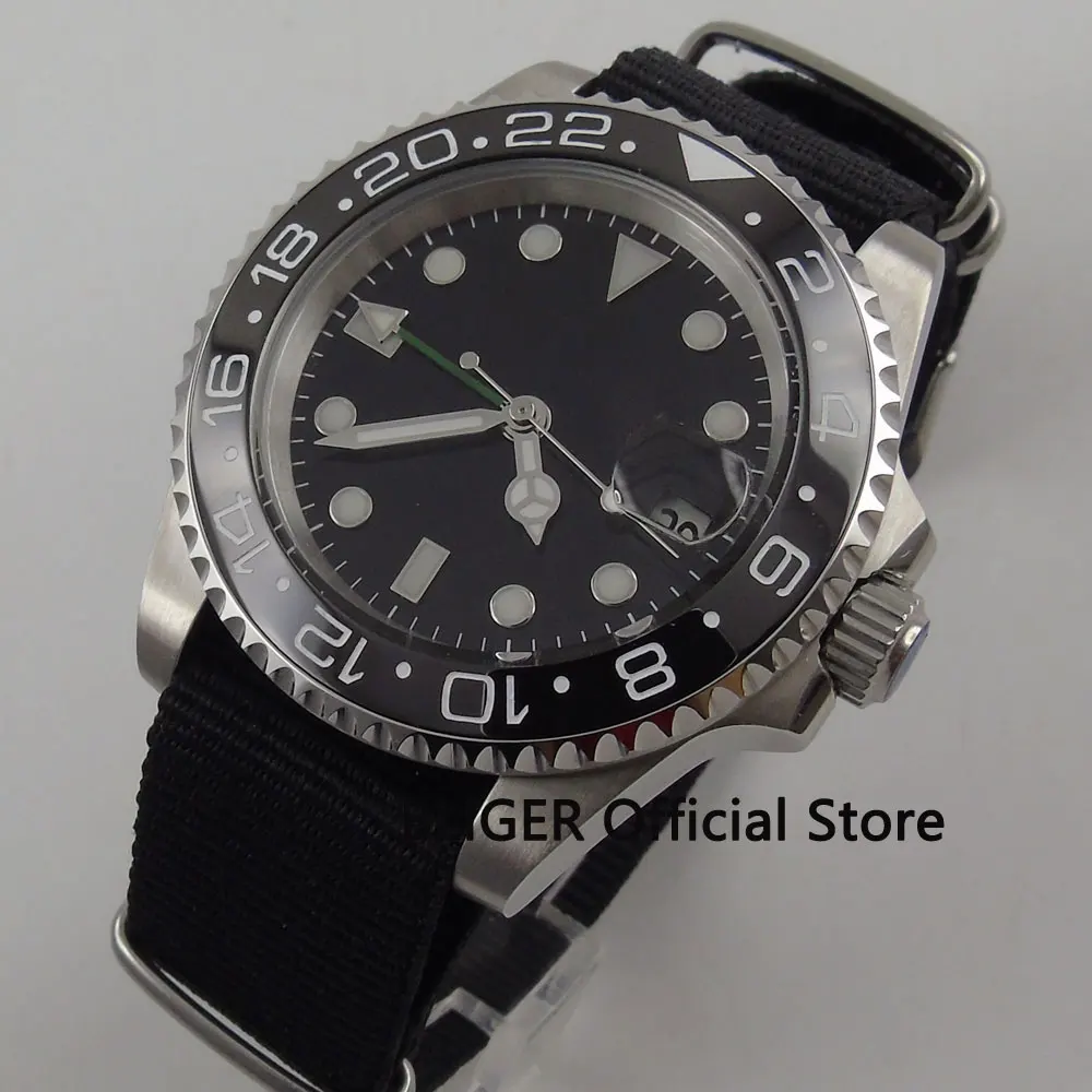 

Sapphire Crystal BLIGER 40MM Black Sterile Dial Ceramic Bezel Luminous Marks GMT Function Automatic Movement Men's Watch B169