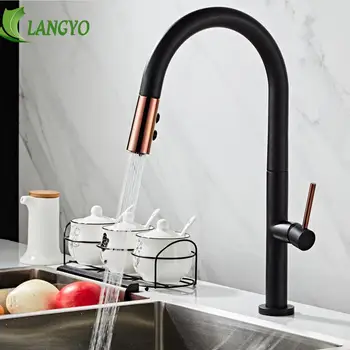 

LANGYO Black White Kitchen Faucet 360Ronating Blackend Sink Tap Cold and Hot Kitchen Mixer Tap Blackened Pull Out Kitchen Mixer
