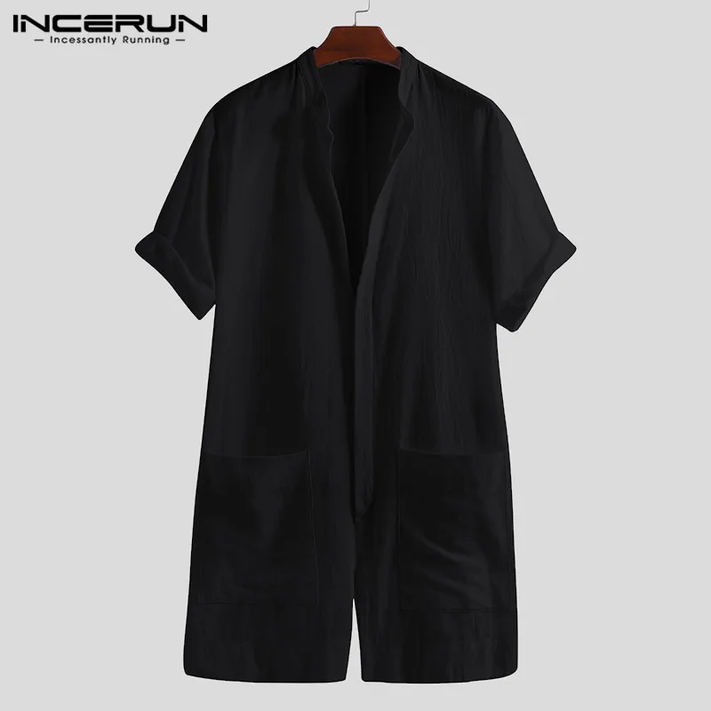 INCERUN повседневные летние мужские комбинезоны с v-образным вырезом и передними карманами сплошного цвета с кнопками в европейском стиле Модные уличные мужские комбинезоны