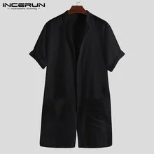 INCERUN повседневные летние мужские комбинезоны с v-образным вырезом и передними карманами сплошного цвета с кнопками в европейском стиле Модные уличные мужские комбинезоны