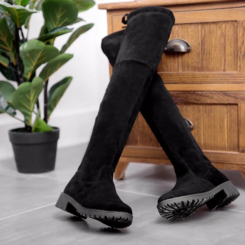 

2019 Female Winter Boots Thigh High Boots Women Over the Knee Boots low heel Stretch boots Sexy Fashion Lace-up women shoes
