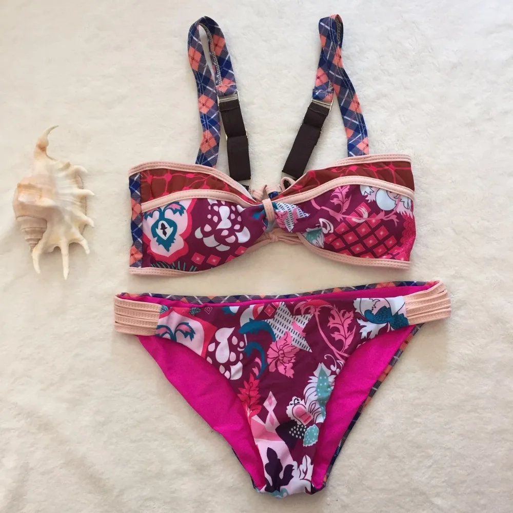 Retro Floral Print Women's Swimwear Elastic Crop Bikini Top Banded Swim