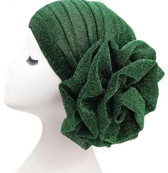 

Party Prom Hat Female Headscarf Turban cap Indian Muslim Pea Hat Bright Silk Big Flower Elastic Headband Chemotherapy Cap