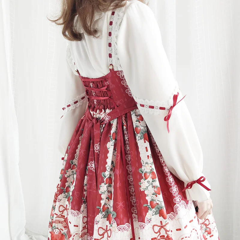 Японская белая блузка в стиле Лолиты, женские осенние винтажные милые Красные кружевные топы с длинными рукавами для девочек, воротник с рюшами, бандаж на пуговицах, рубашки