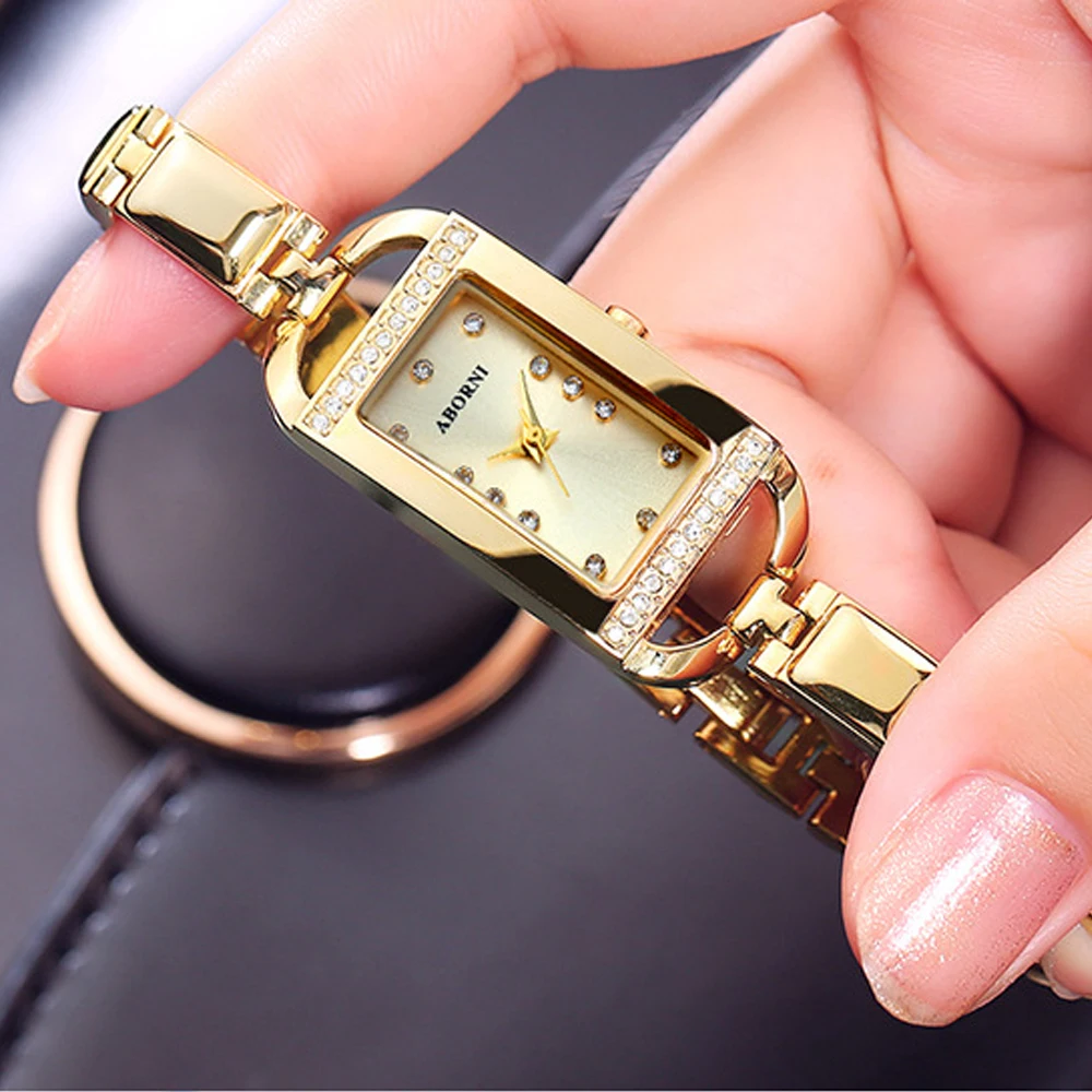 

ABORNI 2019 Gold Bracelet Women Watches Luxury Rhinestones Crystal Quartz Ladies Small Watch Steel Female Clock relogio feminino