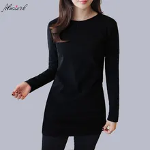Soild Цвет для женщин Круглый воротник хлопковая футболка средней длины с длинными рукавами тонкий женский Обтягивающая одежда хлопковая Футболка нижняя рубашка L223