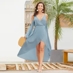 Для женщин Boho одноцветное платье с открытыми плечами разделение длинным рукавом праздник платье с широкой юбкой Красочные удобные дышать