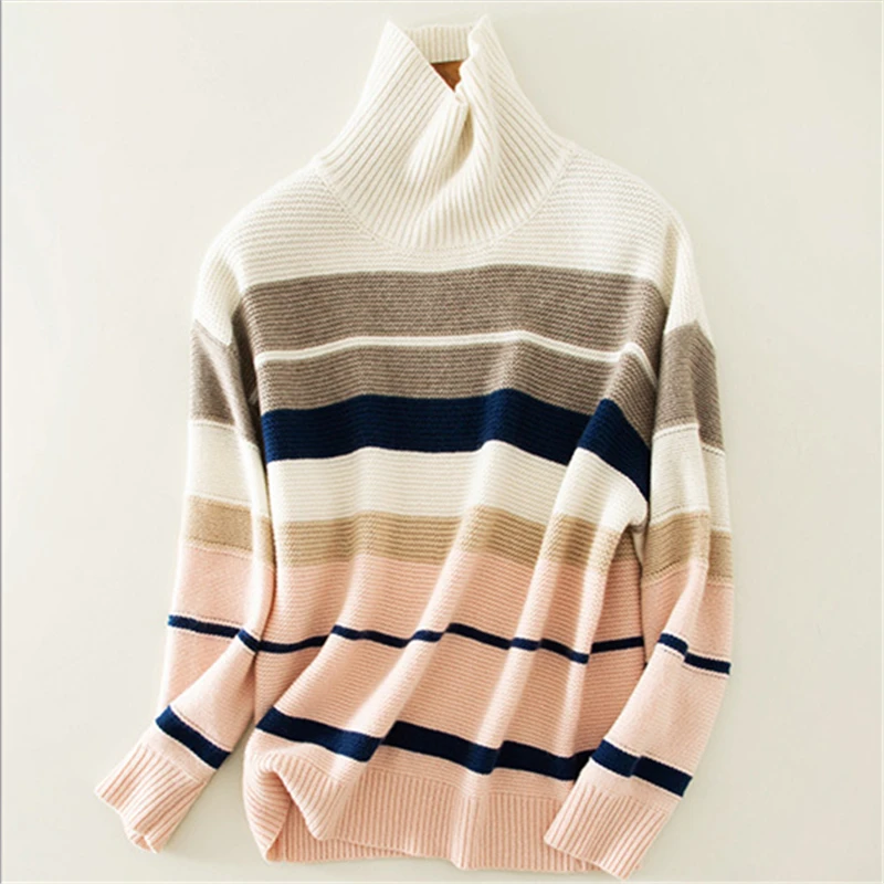  100% goat cashmere striped knit women fashion half high collar pullover sweater M/L