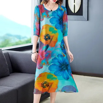 

P93HT131 New Fashion Spring &Summer Women's Clothing Plus Size Loose Printing Medium-length Temperament 100% Silk Dress