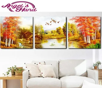 

5d diamond painting Autumn river side forest view diamond embroidery mosaic modern triptych home decoration 3d paintings gifts