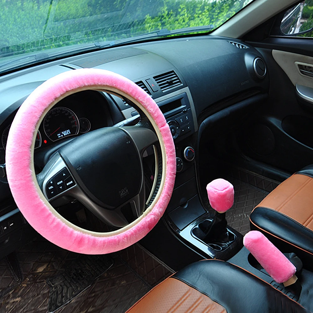 Автомобильный плюшевый модный универсальный чехол на руль, зимний теплый плюшевый костюм из трех предметов, розовые автомобильные аксессуары, пушистый