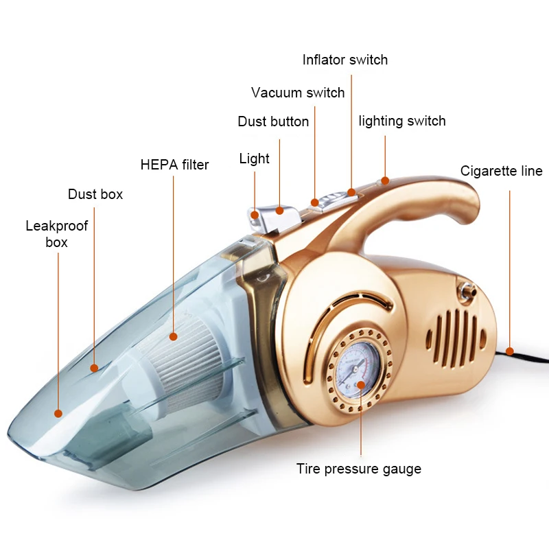 4-в-1 HandheldCar пылесос с цифровой шинный насос подкачки Давление для сухой и влажной уборки Применение Портативный Asur Voiture для авто
