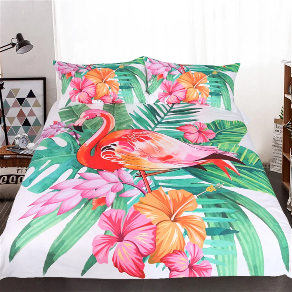 

Pink Flamingo Printed Bedding Set Tropical Plant Flower Polyester Duvet Cover with Pillowcase 3 pcs Single Twin Double 80026