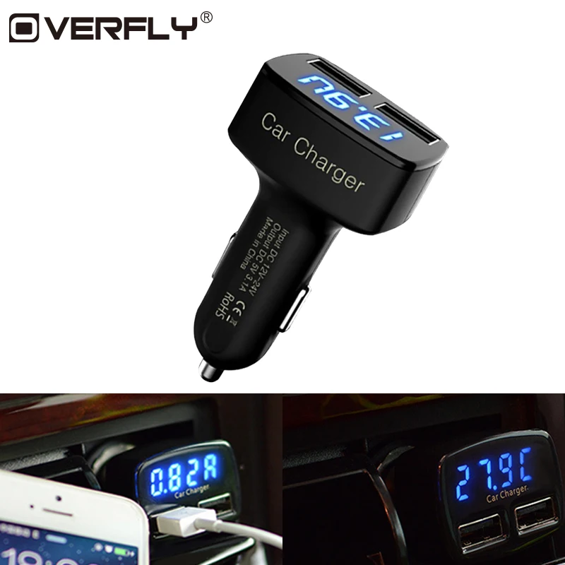 

Universal 4 in 1 Car Charger Dual USB DC 5V 3.1A Adapter with Voltage/temperature/Current Meter Tester Digital LED Display