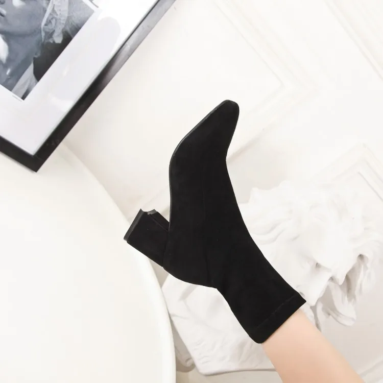 

Big Size 9 10 11 12 Pure square-headed high-heeled elastic boots with thick heels