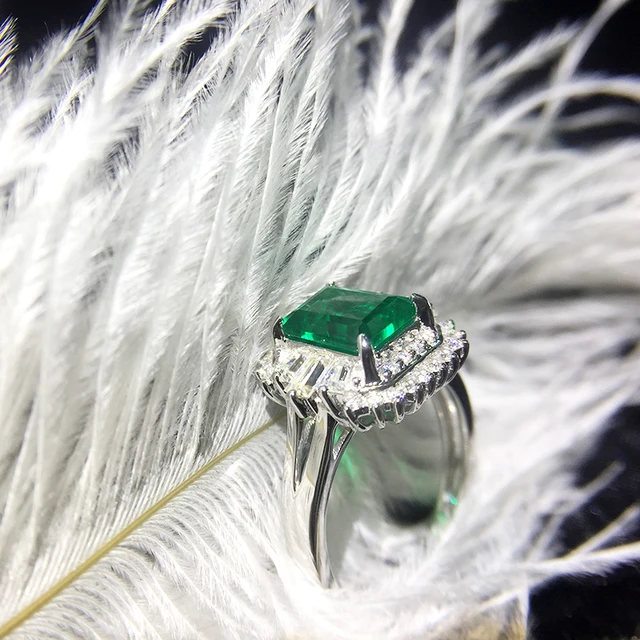AEAW 4ct AAA Lab Created Colombian Emerald CCE Emgagement Ring Genuine Solid 14k White Gold with Lab Diamond Moissanite