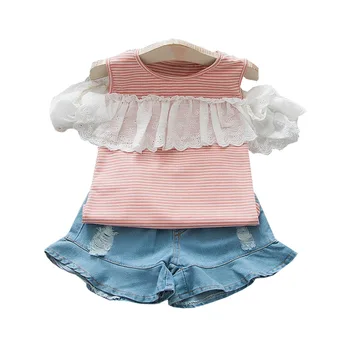 

Girls suit summer strapless lace stripes short sleeve + denim shorts suit female baby summer lace skirt pants two-piece