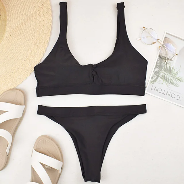 Button high waist bikini 2019 high cut swimwear Female Bandeau swimsuit