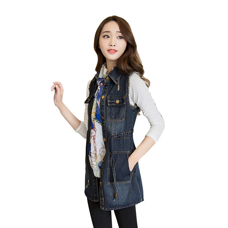 

Autumn Winter 100% Cotton Female Vest Denim Waistcoat for Women Cardigan Sleeveless Coat Women's Jeans Vests Frayed Waistcoat