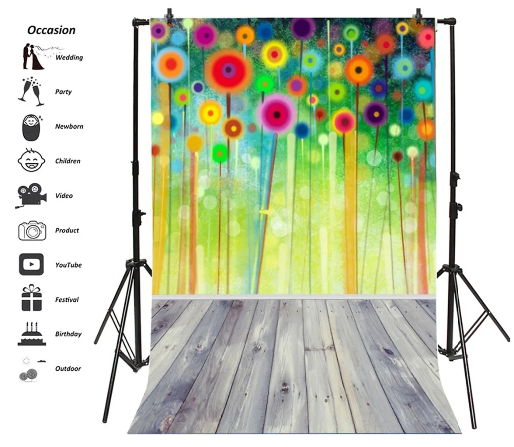 Laeacco Colorful Flowers Painting Wall Wooden Floor Photography Backgrounds Customized Photographic Backdrops For Photo Studio