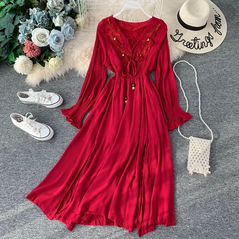 

2019 new fashion women's dresses Wine red holiday temperament split V-neck cotton and linen dress