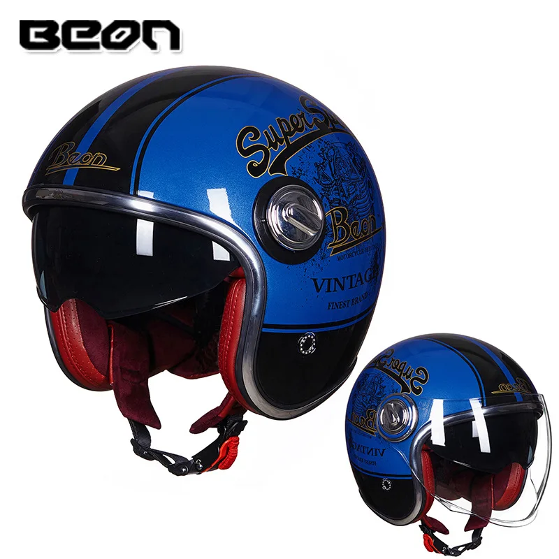 BEON мотоциклетный шлем rbike Casco винтажный мотоциклетный шлем 3/4 с открытым лицом Capacete Байкер скутер шлем ретро двойной козырек - Цвет: B-108A-new blue
