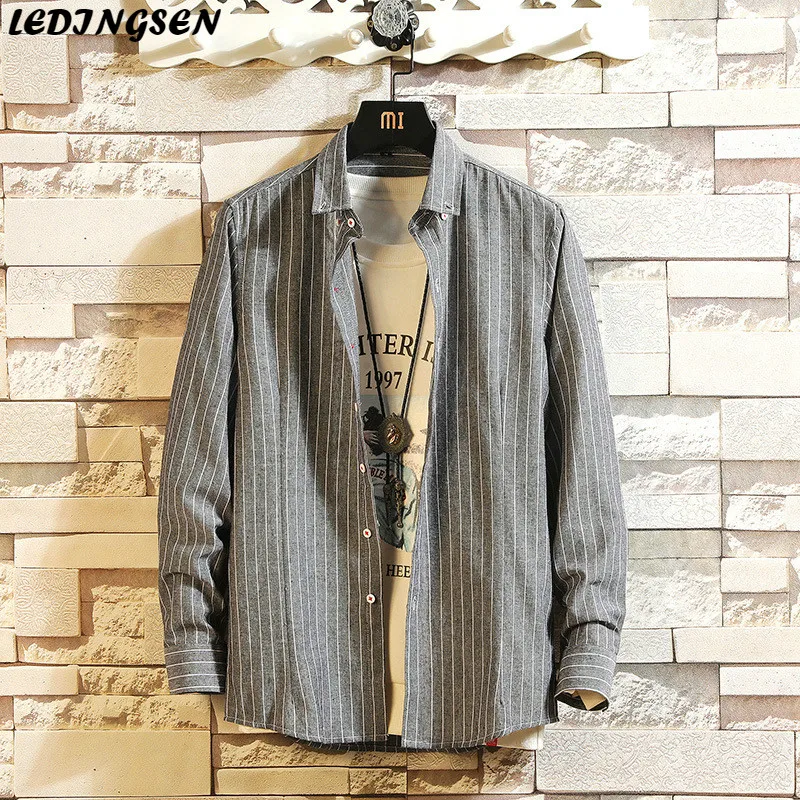 

LEDINGSEN Spring Men Cotton LSlim Fit Brand Shirt Long Sleeve Striped Grey Dress Shirts Plus Size 4XL Chemise Homme Streetwear