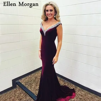 

Burgudy Velvet Mermaid Evening Dresses 2019 Off Shoulder Beaded Zipper Long Sexy Red Carpet Celebrity Formal Prom Party Gowns