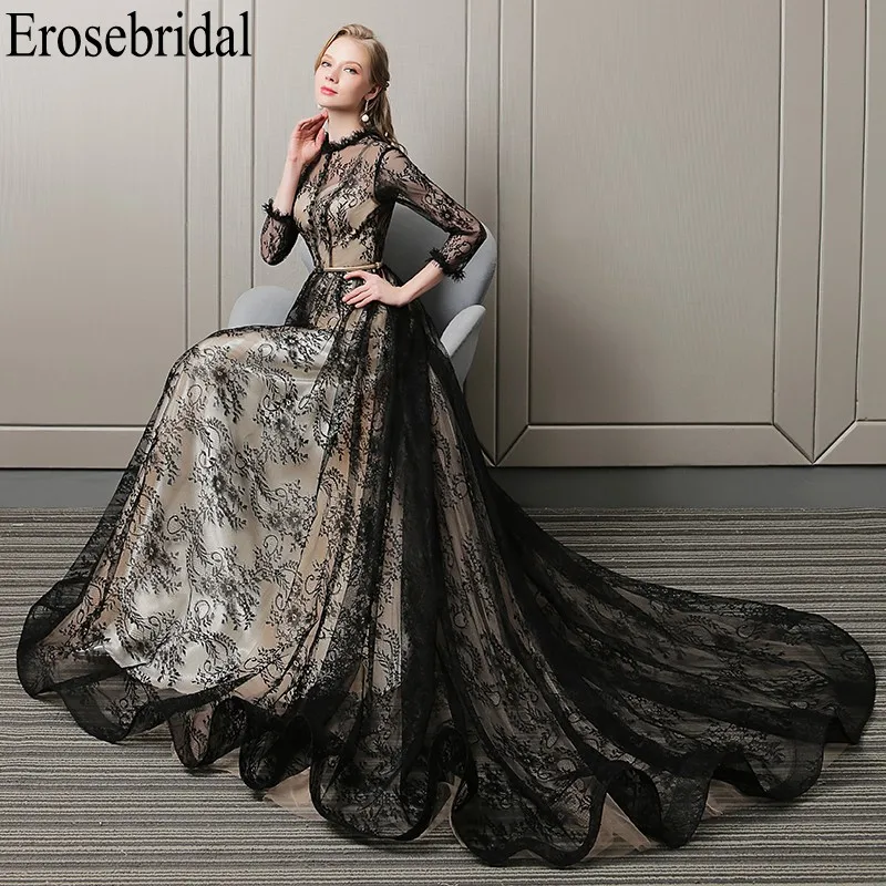 2019 3/4 Sleeve Evening Dress Long Black with Illusion Bodice Elegant O Neck Design Lace Prom Party Gowns Small Train 2019 3/4 Sleeve Evening Dress Long Black with Illusion Bodice Elegant O Neck Design Lace Prom Party Gowns Small Train